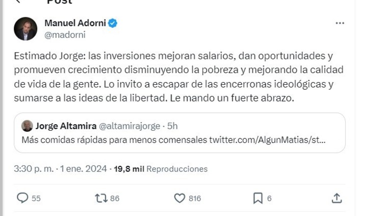 La voz Manuel Adorni responde al comentario de Jorge Altamira basado en noticias falsas.